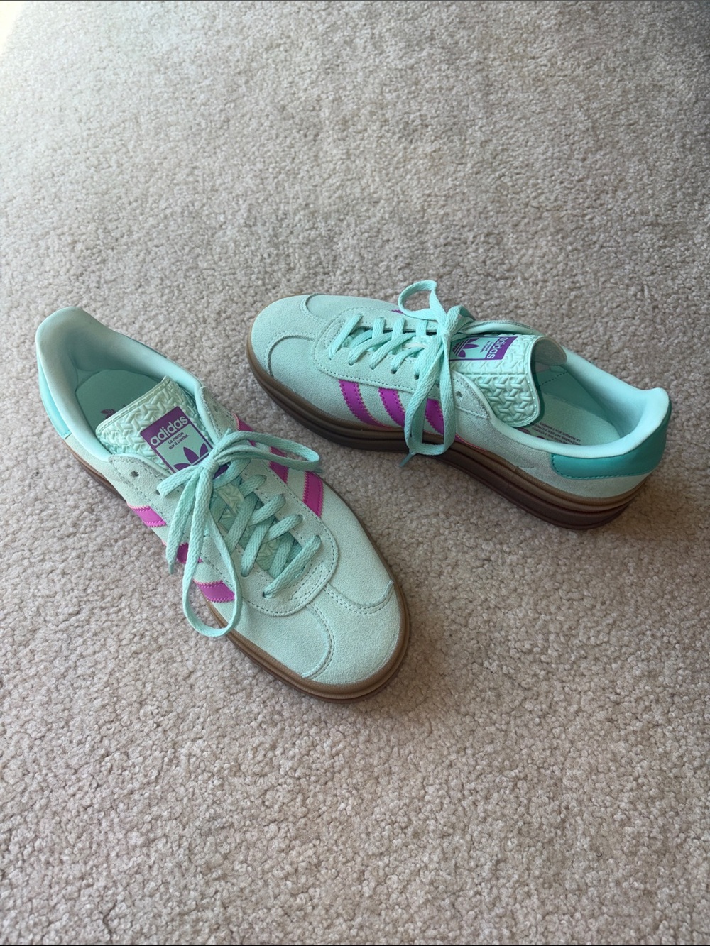 adidas Women's Mint Green Suede Sneakers with Pink Stripes- Gazelle